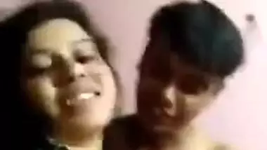 Young XXX girl shows off boobs grabbed by Desi partner on camera